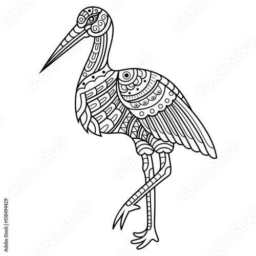 Hand drawn of stork in zentangle style