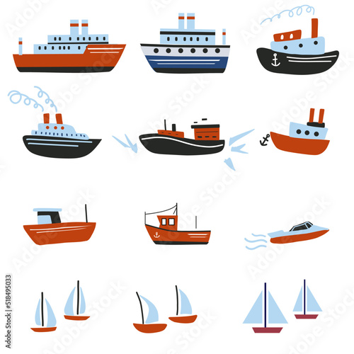 Marine transport vector set isolated on white background, decorative flat sign, Cruise boat, yacht, icebreaker, transportation for ocean water, cartoon sea colorful symbol for travel design, map