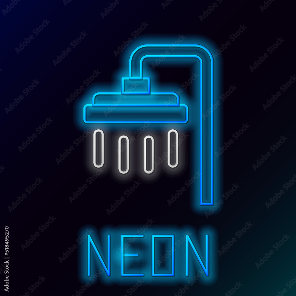 Glowing neon line Shower head with water drops flowing icon isolated on black background. Colorful outline concept. Vector Glowing neon line Shower head with water drops flowing icon isolated on black background. Colorful outline concept. Vector