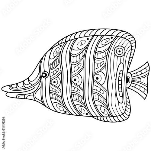 Hand drawn of butterflyfish in zentangle style