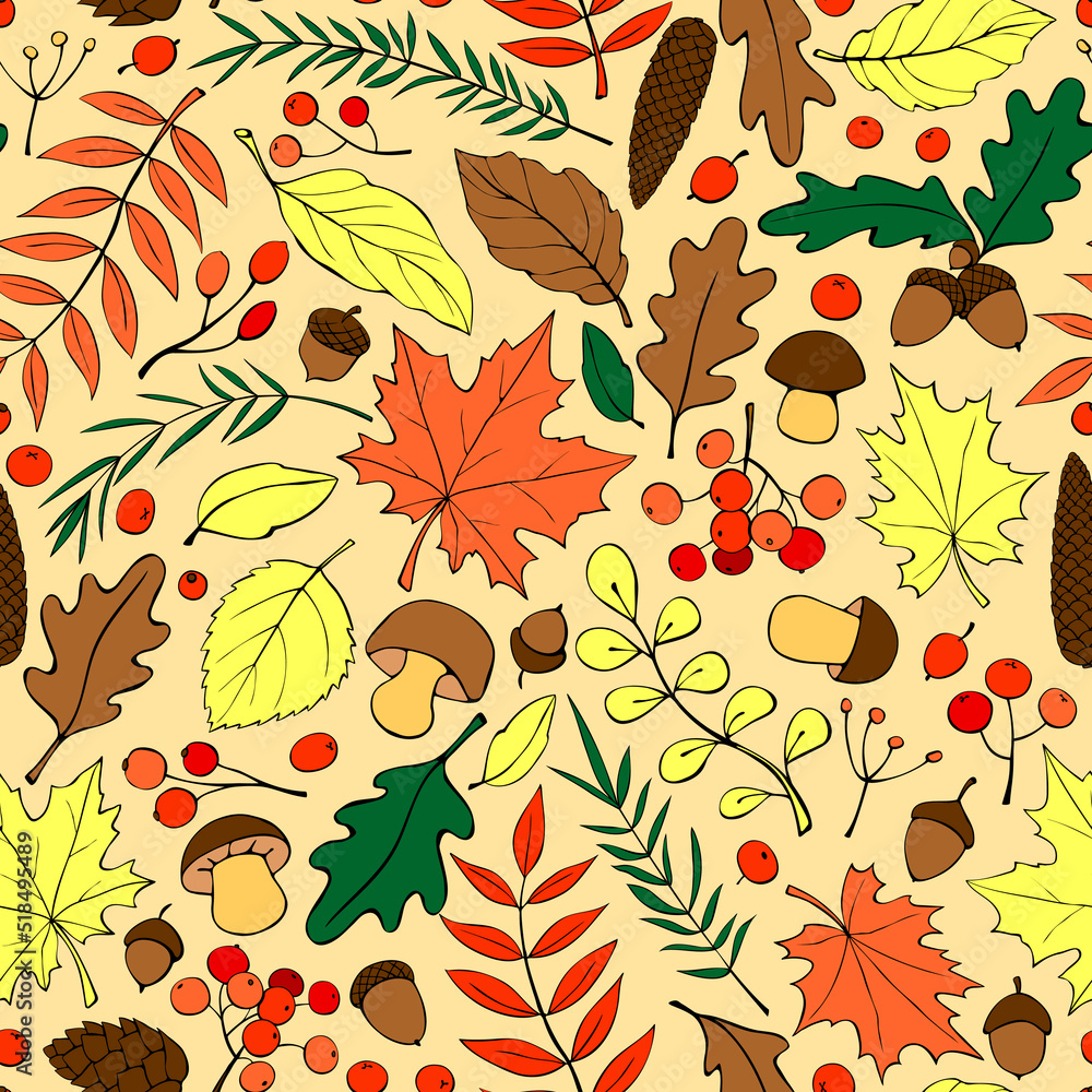 Fototapeta premium Seamless pattern falling leaves, acorns, berries, mushrooms. Vector color autumn texture, isolated, hand drawn in doodle flat style. Concept of forest, leaf fall, nature, thanksgiving