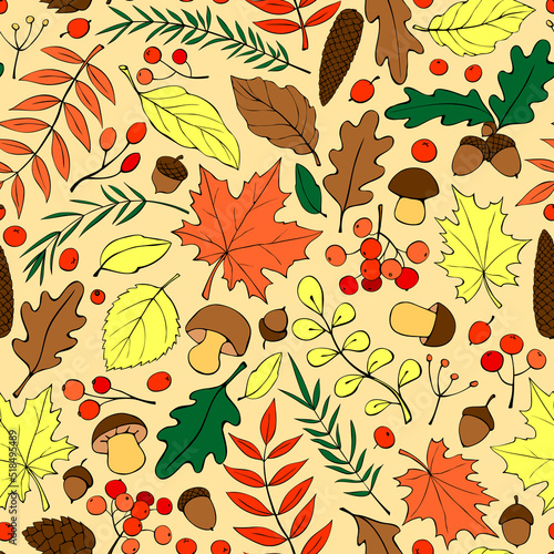 Seamless pattern falling leaves, acorns, berries, mushrooms. Vector color autumn texture, isolated, hand drawn in doodle flat style. Concept of forest, leaf fall, nature, thanksgiving
