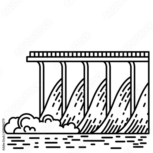 Hydroelectric power plant logo. Eco Green Energy concept. Vector line art illustration