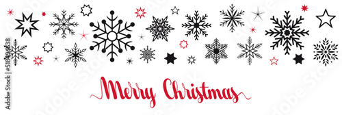 Merry Christmas vektor Grüße mit schwarzen Schneeflocken und roten Sternen. Weißer Hintergrund.
Kalligrafie Text. Für Hintergründe, Kalender, Einladungen, Grußkarten etc.