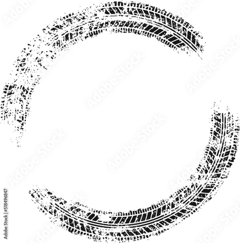 Auto tire tread grunge circle frame. Car and motorcycle tire pattern, wheel tyre tread track. Black tyre round border. Vector illustration isolated on white background.