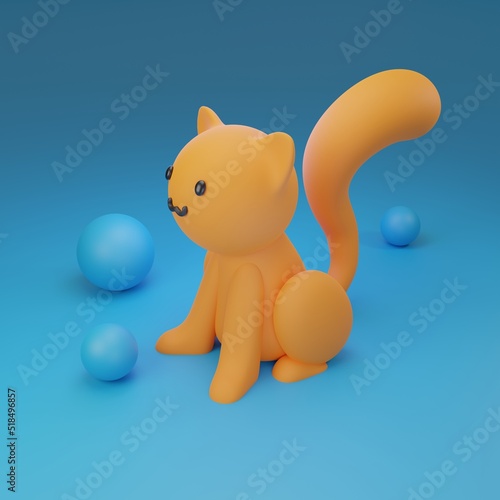 Orange cat cute 3D rendering and blue ball on blue background.