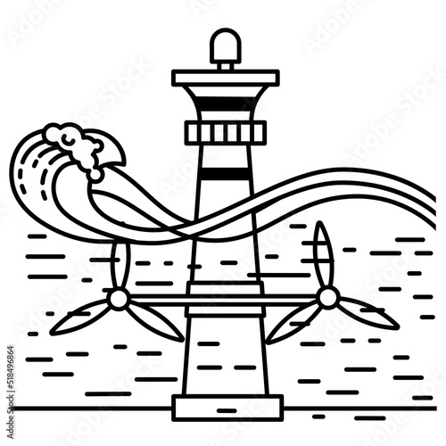 Tidal energy power plant. Eco Green Energy concept. Vector line art illustration