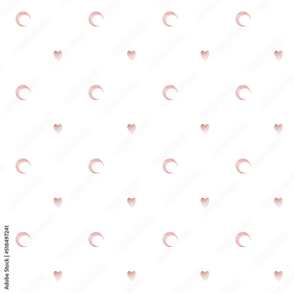 Seamless background with watercolor hearts and moon isolated.