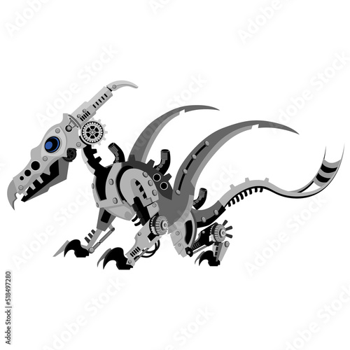 A pteranodon robot in a metallic steampunk style. A cyborg dinosaur on a white background.