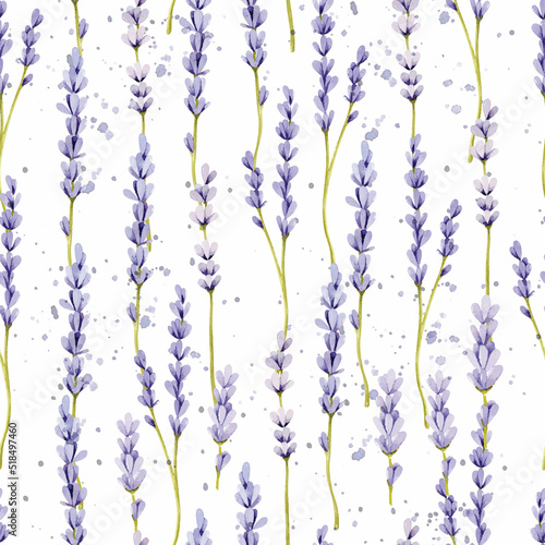 Lavender branches watercolor seamless pattern on watercolor splashes background 