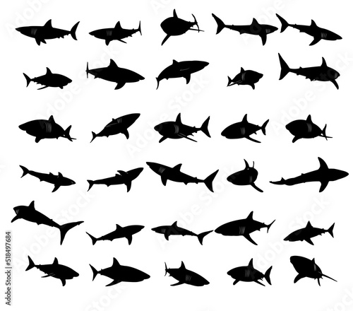 Collection of black silhouettes sharks.