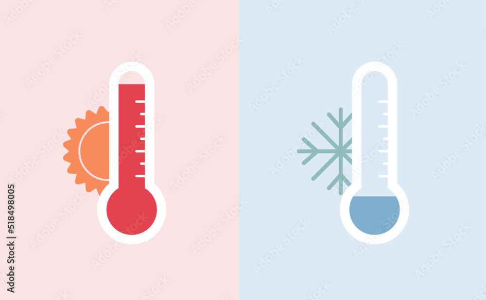 Enviroment issue and extreme weather concept. Vector flat icon illustration. Heat and cold wave color thermometer symbol isolated on pink and blue background. Enviroment issue and extreme weather concept. Vector flat icon illustration. Heat and cold wave color thermometer symbol isolated on pink and blue background.