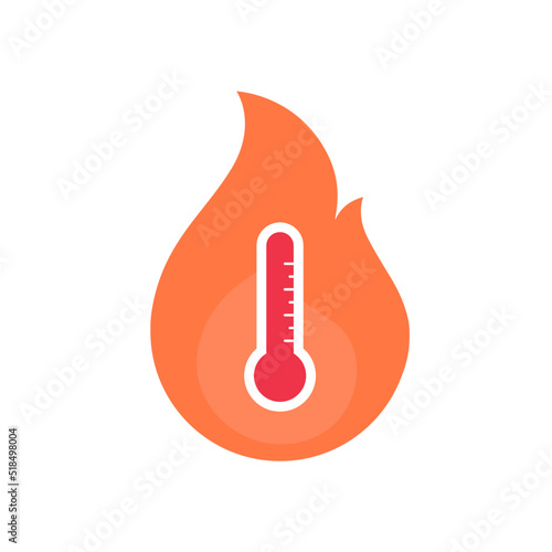 Enviroment issue and extreme weather concept. Vector flat icon illustration. Heat wave red color thermometer in flame symbol isolated on white background.