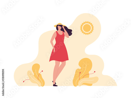 Enviroment issue and extreme weather concept. Vector flat people illustration. Heat wave sun symbol and female character in dress and hat with heatstroke symptom.