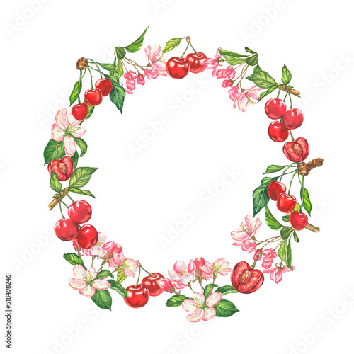 Cherry. watercolor botanical illustration of cherry berries and flowers. frame for cards and invitations