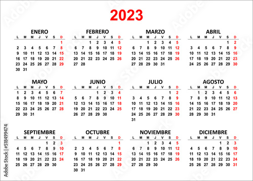 Spanish Yearly calendar. 2023 mockup. Annual horizontal template. First day lunes monday. Classic simple minimal design. Black numbers on white background.