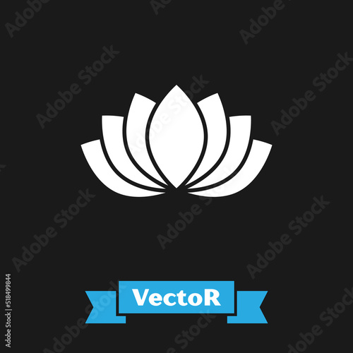 White Lotus flower icon isolated on black background. Vector