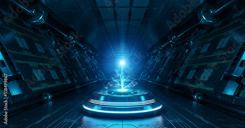 Fototapeta Naklejka Na Ścianę i Meble -  Blue spaceship interior with projector. Futuristic corridor in space station with glowing neon lights background. 3d rendering