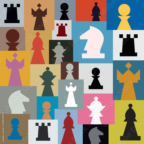 Chess wallpaper design. Graphic print with chess pieces. 