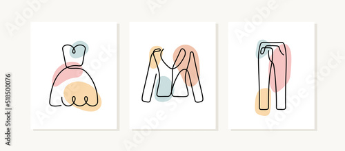 Women's clothing one line posters. Cocktail dress, blazer, jeans artistic illustrations.