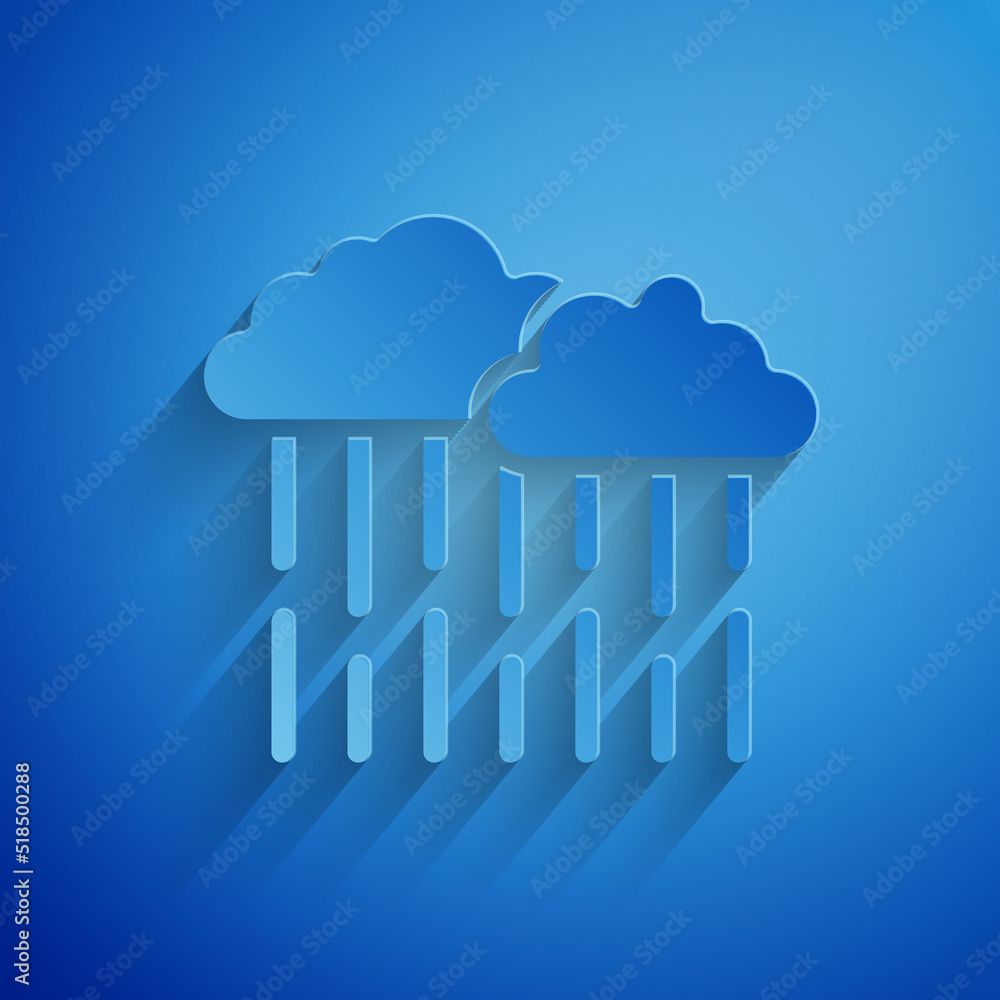 Paper cut Cloud with rain icon isolated on blue background. Rain cloud precipitation with rain drops. Paper art style. Vector Paper cut Cloud with rain icon isolated on blue background. Rain cloud precipitation with rain drops. Paper art style. Vector