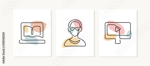 E-learning one line posters. Online education illustrations.