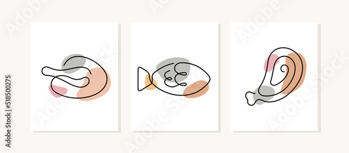 Grocery one line posters. Poultry, fish, meat artistic illustrations.
