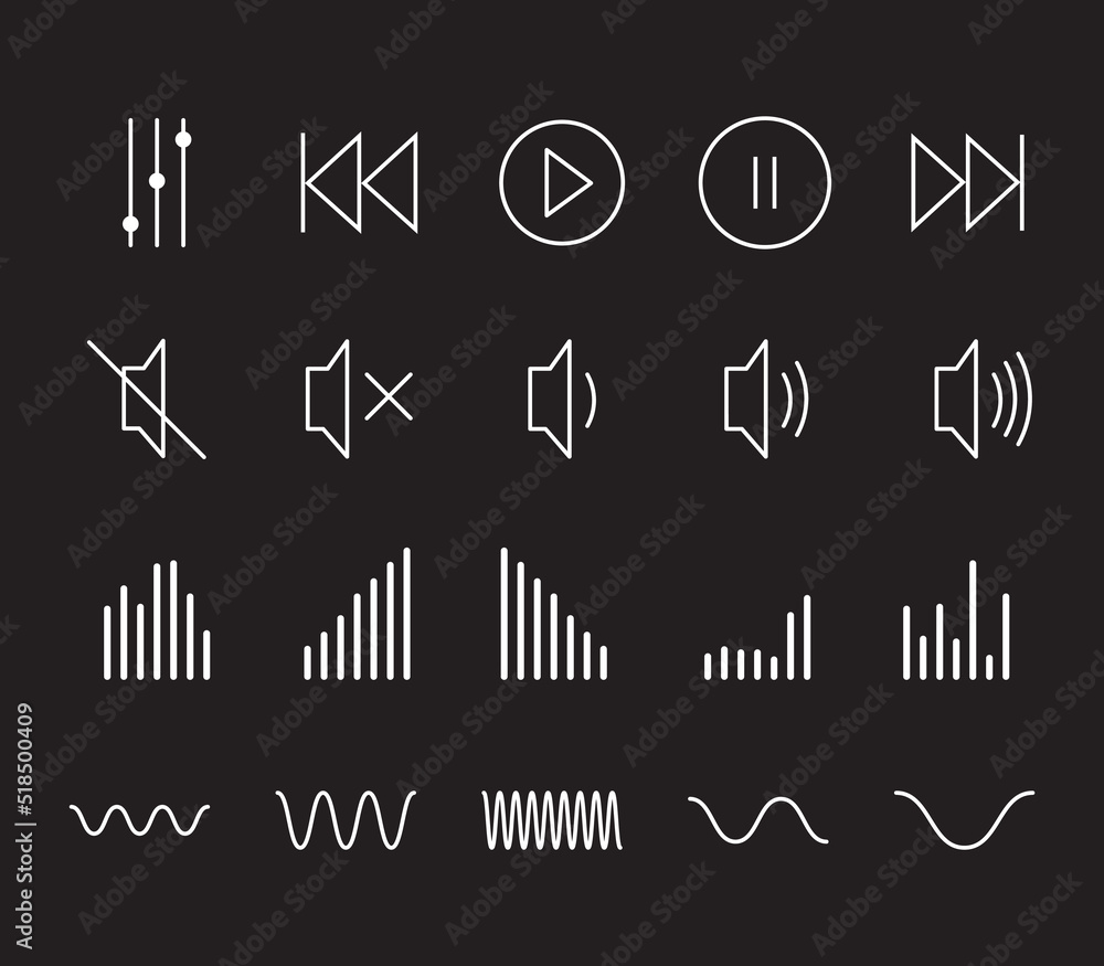 Fototapeta premium music player interface icons. flat icons on the theme of music,sound design,music ui logo, sound waves ,sound interference,sound distortion.flat vector design