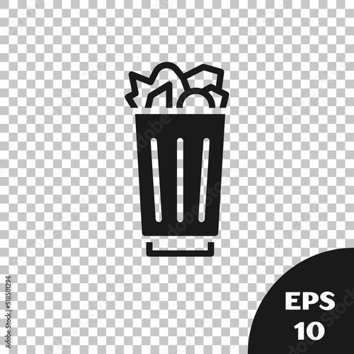 Black Full trash can icon isolated on transparent background. Garbage bin sign. Recycle basket icon. Office trash icon. Vector