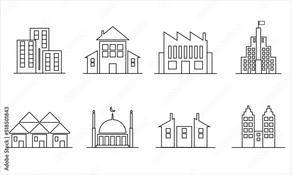 Icon set, building, factory, mosque, tall building, house, back to school