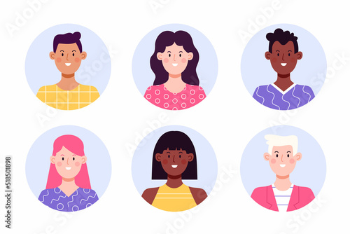 Set of circle face avatar. Collection of multiracial male and female portraits for profile icons.