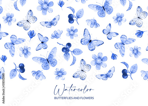 Watercolor illustrated butterflies, flowers and blueberries. Hand drawn summer insects and plants. Design for packaging, greeting card and invitation.