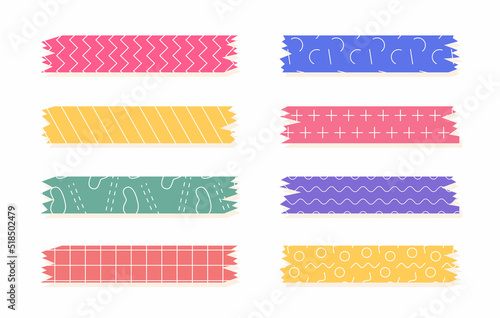 Set of colorful patterned washi tape strips. Cute decorative scotch tape isolated on white background.