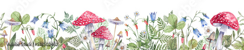 Seamless, horizontal border with wild strawberry flowers and berries, bluebells, field herbs and fly agaric ,on a white background. Endless, watercolor floral illustration for banners, wallpapers