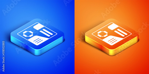 Isometric Electronic computer components motherboard digital chip integrated science icon isolated on blue and orange background. Circuit board. Square button. Vector