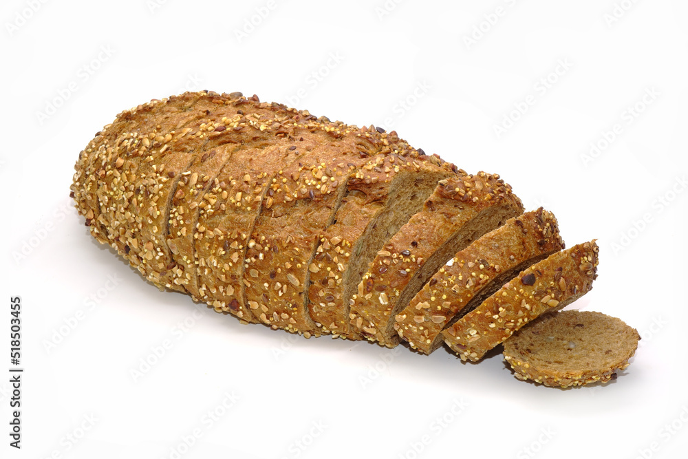 Gluten free bread isolated on white background. Sliced multi grains gluten free bun Gluten free bread isolated on white background. Sliced multi grains gluten free bun