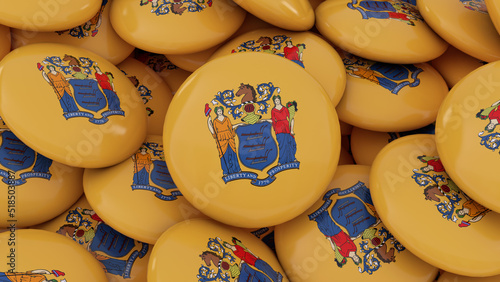 3D rendering of a bunch of badges with the flag of the state of New Jersey. photo