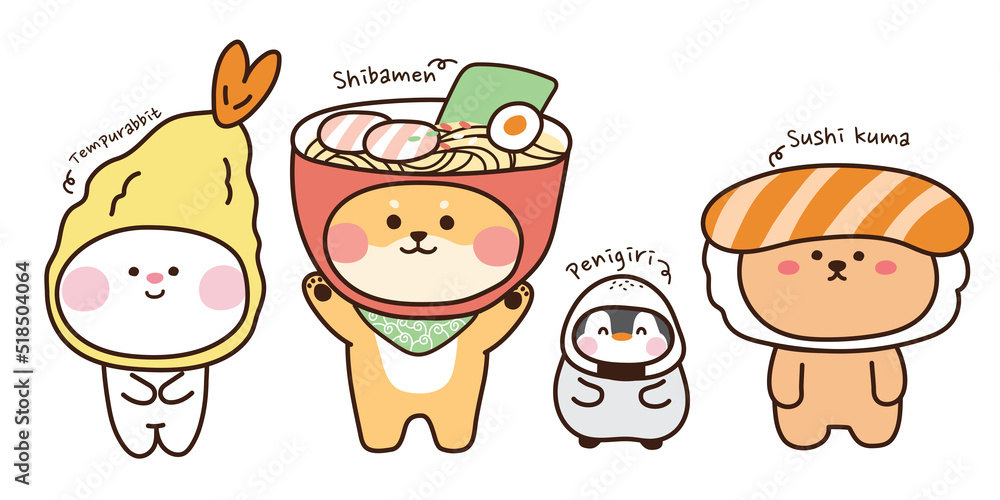 Set of animals with japanese food on ,dog,penguin,bear hand   cartoon character   .. Stock Vector | Adobe  Stock