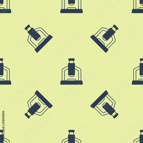 Blue Microscope icon isolated seamless pattern on yellow background. Chemistry, pharmaceutical instrument, microbiology magnifying tool. Vector