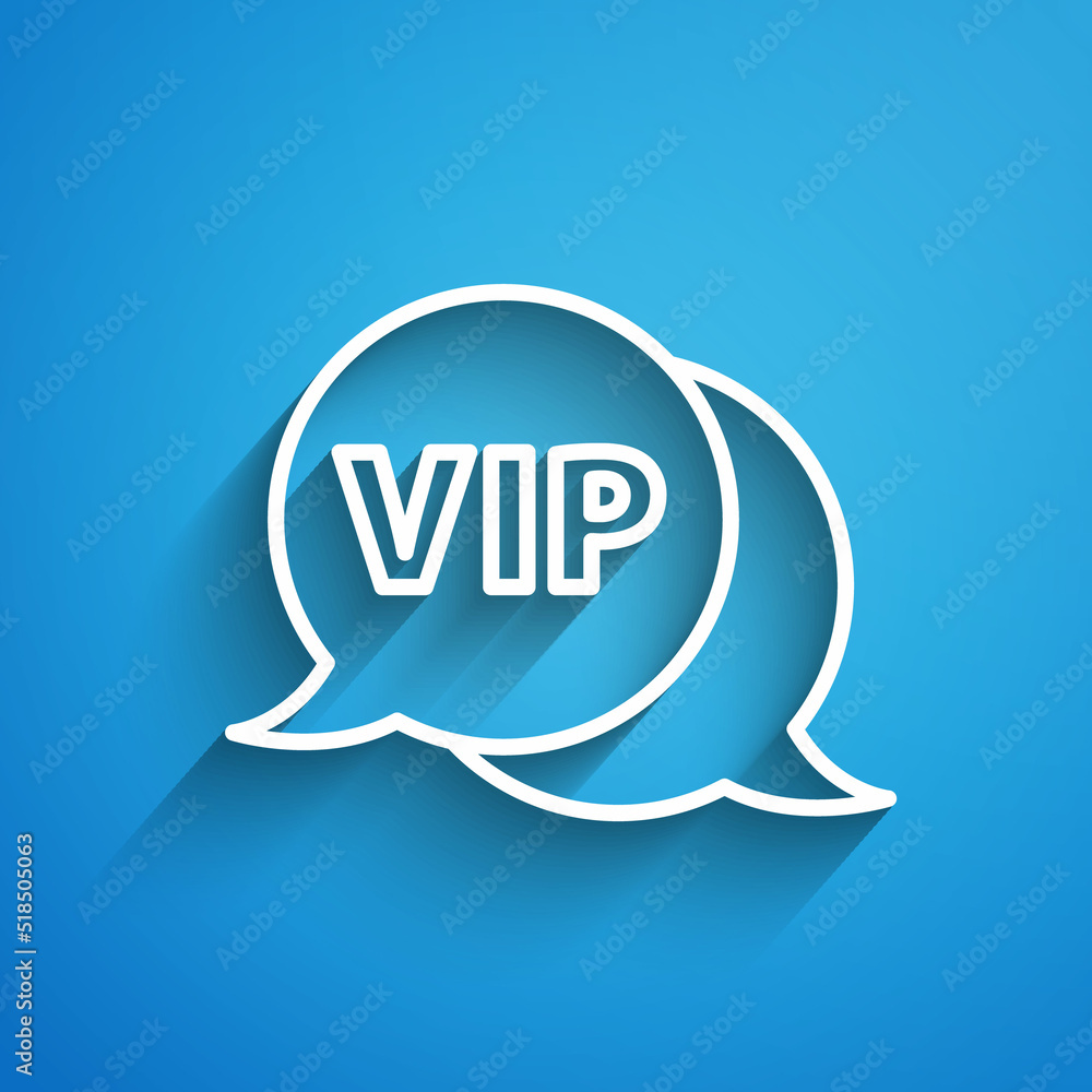 White line Vip in speech bubble icon isolated on blue background. Long shadow. Vector