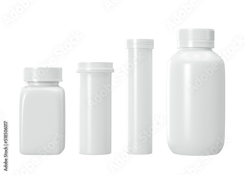 Blank pills bottles isolated on white background. Medical bottle mock up. Medical containers set. Free, copy space for your label. 3d rendering.