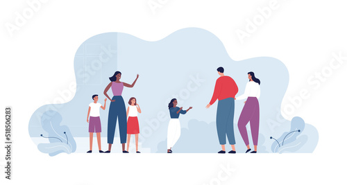Voluenteering in orphanage concept. Vector flat people illustration. Male and female parents meet their african daughter characters. Teacher, boy and girl orphans with goodbay gesture.