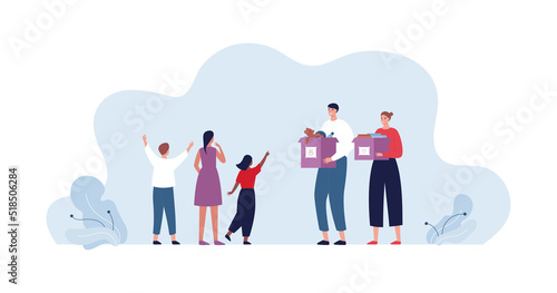 Voluenteering in orphanage concept. Vector flat people illustration. Male and female volunteer with box of toy and happy child character. Design for orphans day.