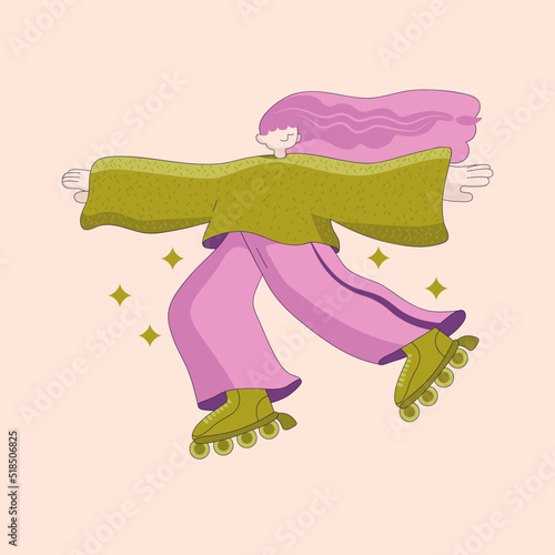 Girl on roller skates. Vector flat illustration. Teen active lifestyle