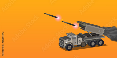 Vector 3d vintage military american heavy truck with multiple launch rocket launcher with missiles flying out