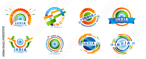 Logo Independence Day of India 15 th august. Sticker set, typography set , elements and decoration