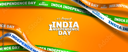 Happy Independence Day of India 15 august. Strip text typography combined in a shape of ribbon and text with paper art and craft style photo