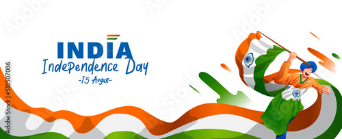 independence day of India 15 august celebration, young man running with Indian flag