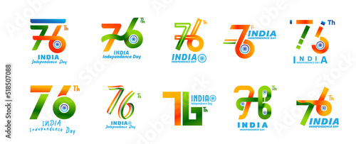 76 th Logo Independence Day of India 15 th august. Sticker set, typography set , elements and decoration