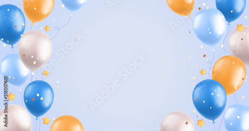 Photography 3d balloons background, realistic blue and yellow air balloons, stars and confetti on blue background